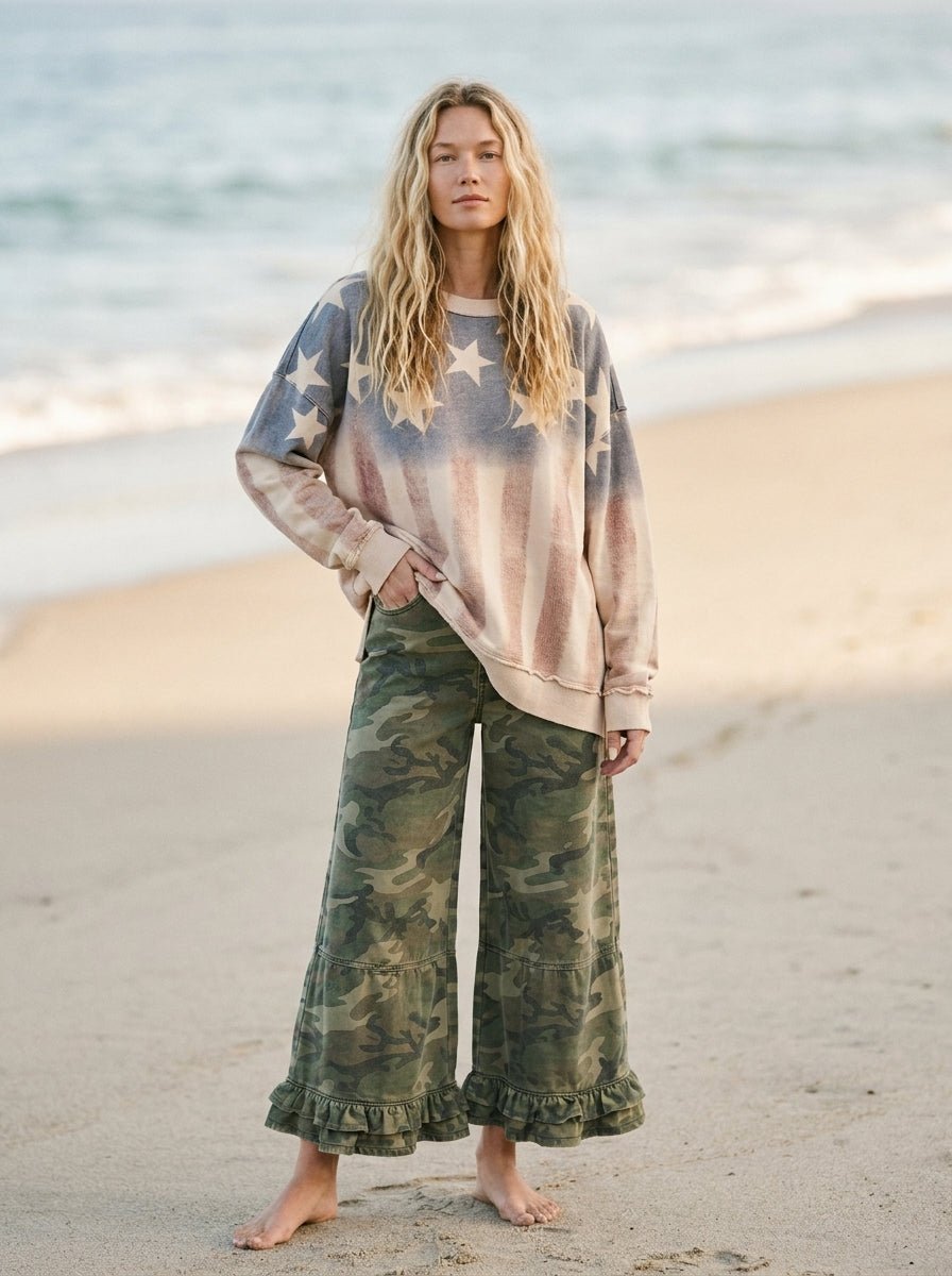 Outlaw Ruffle Washed Camo Wide Leg Denim - Westly