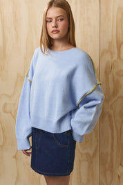 Outline Contrast Stitch Sweater - Light Blue Light Green