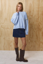 Outline Contrast Stitch Sweater - Light Blue Light Green