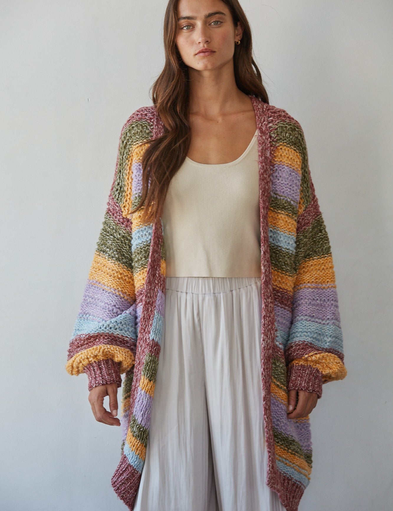 Painterly Stripe Open Cardigan in Burgundy Multi - product photo 1