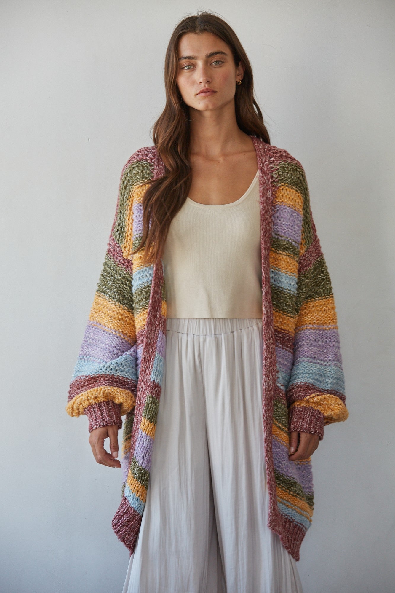 Painterly Stripe Open Cardigan in Burgundy Multi - product photo 1