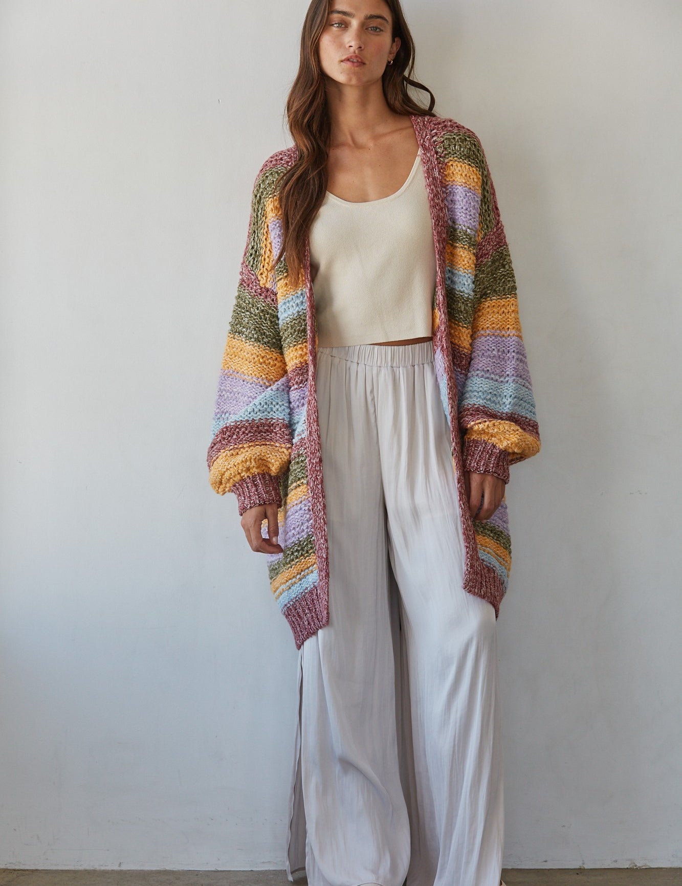 Painterly Stripe Open Cardigan in Burgundy Multi - product photo 2