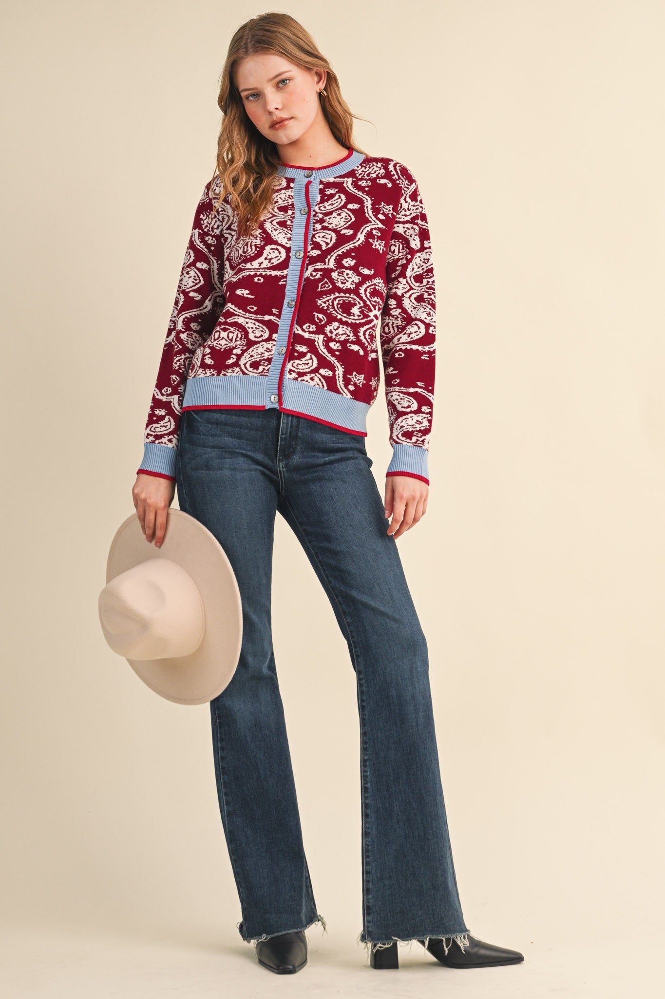 Paisley Portrait Contrast Trim Paisley Cardigan - Westly