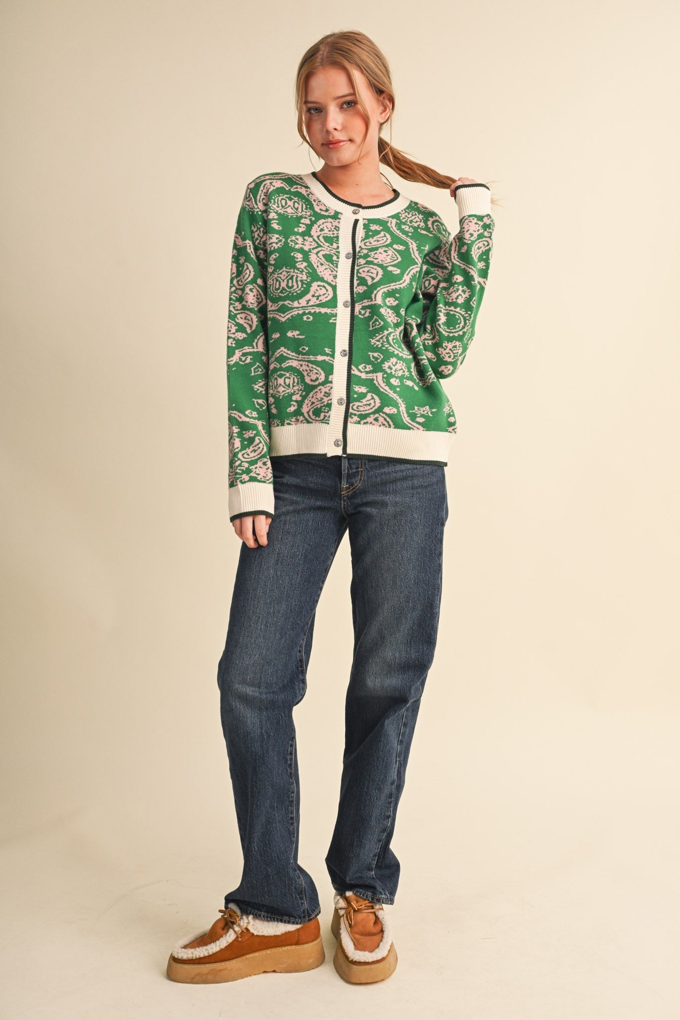 Paisley Portrait Contrast Trim Paisley Cardigan - Westly