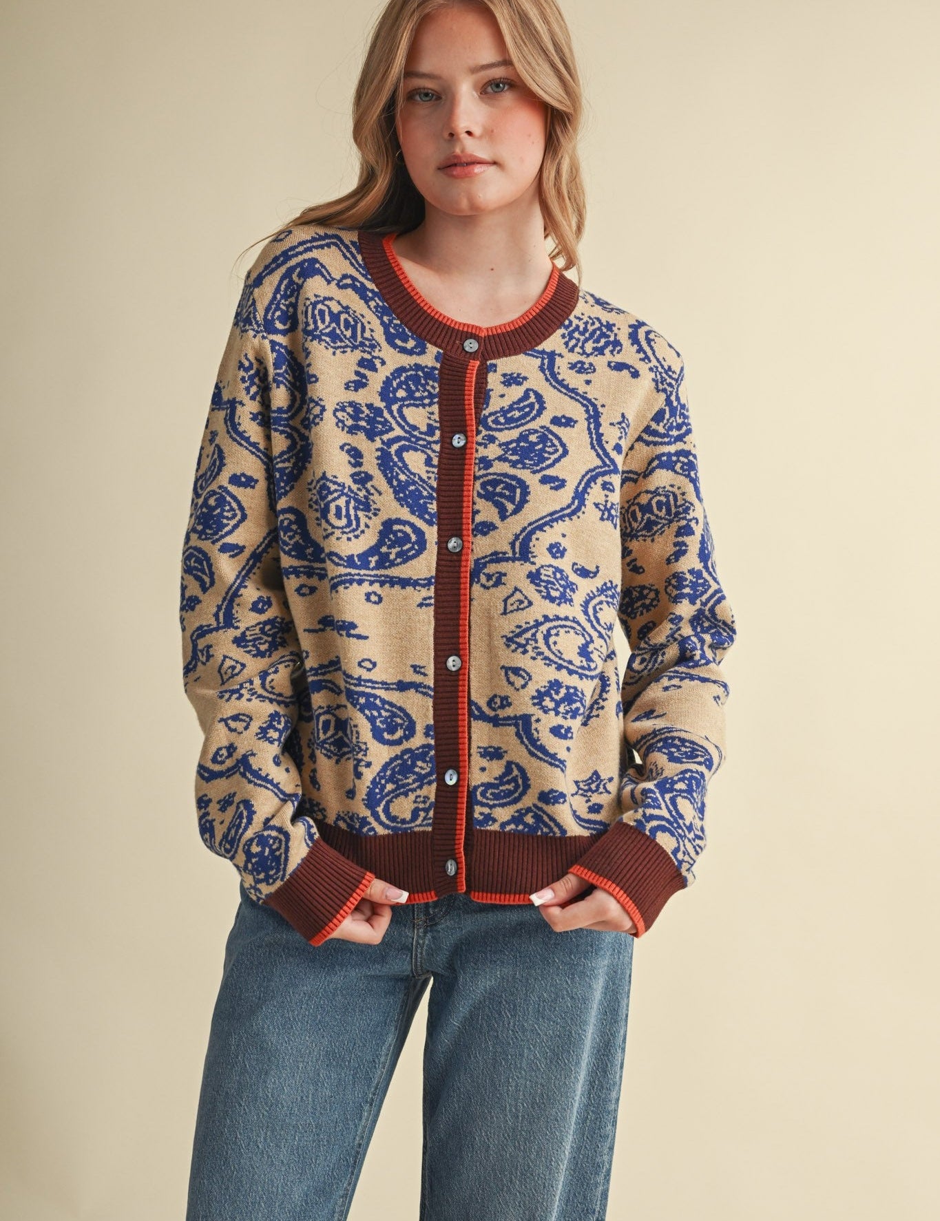 Paisley Portrait Contrast Trim Paisley Cardigan - Westly