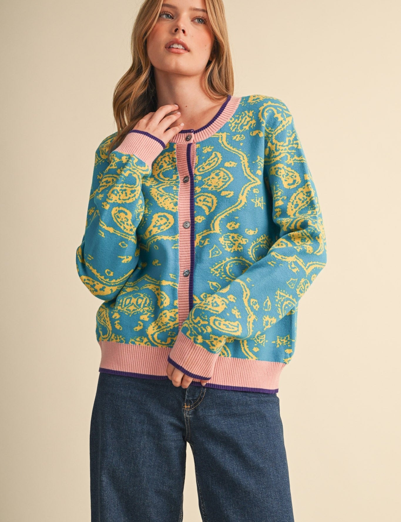 Paisley Portrait Contrast Trim Paisley Cardigan - Westly