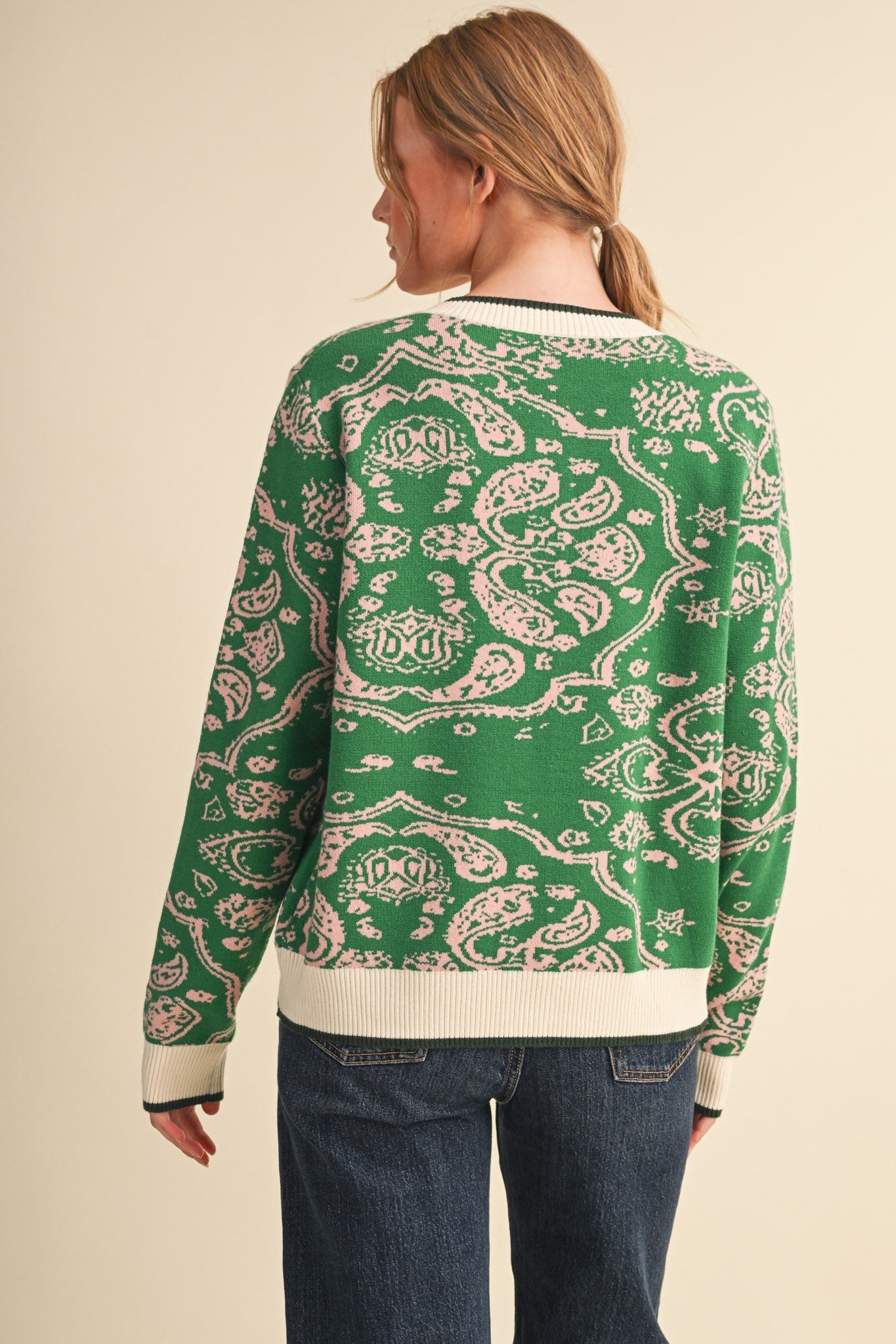 Paisley Portrait Contrast Trim Paisley Cardigan - Westly