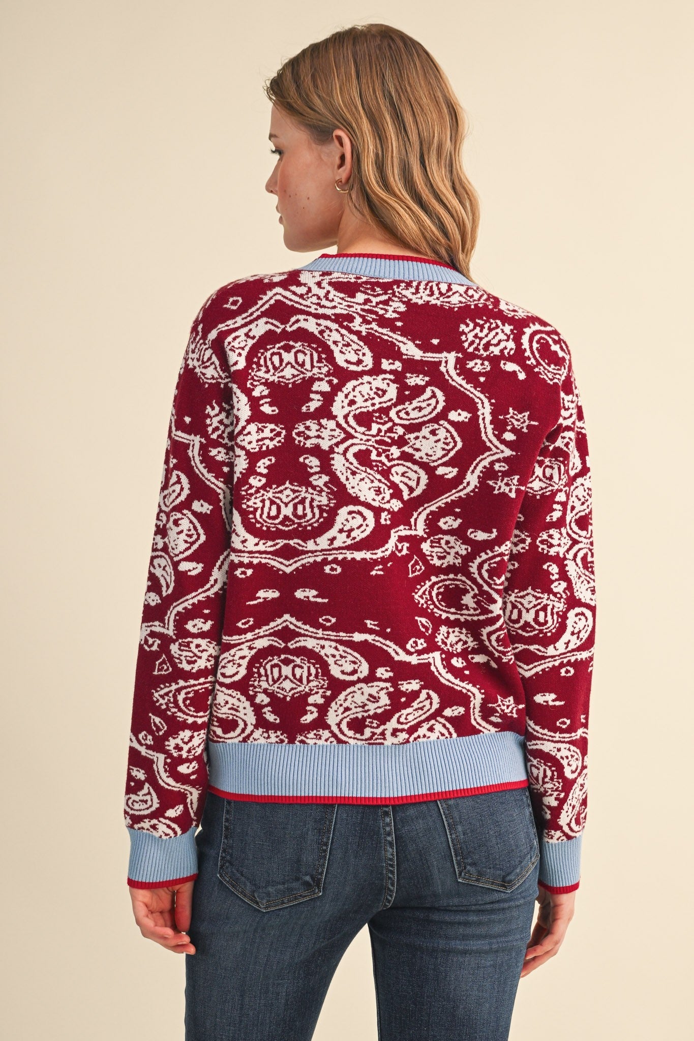 Paisley Portrait Contrast Trim Paisley Cardigan - Westly