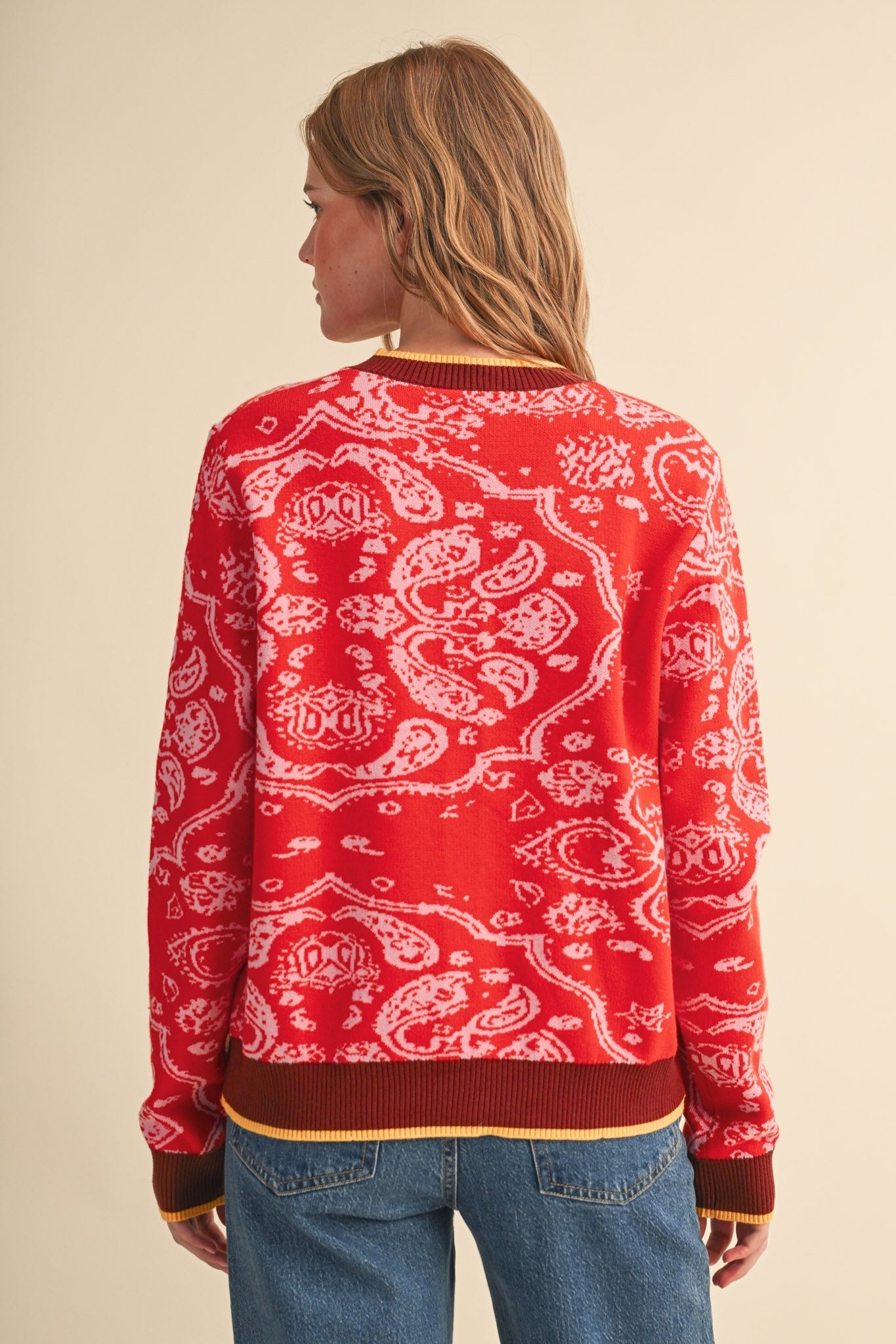 Paisley Portrait Contrast Trim Paisley Cardigan - Westly