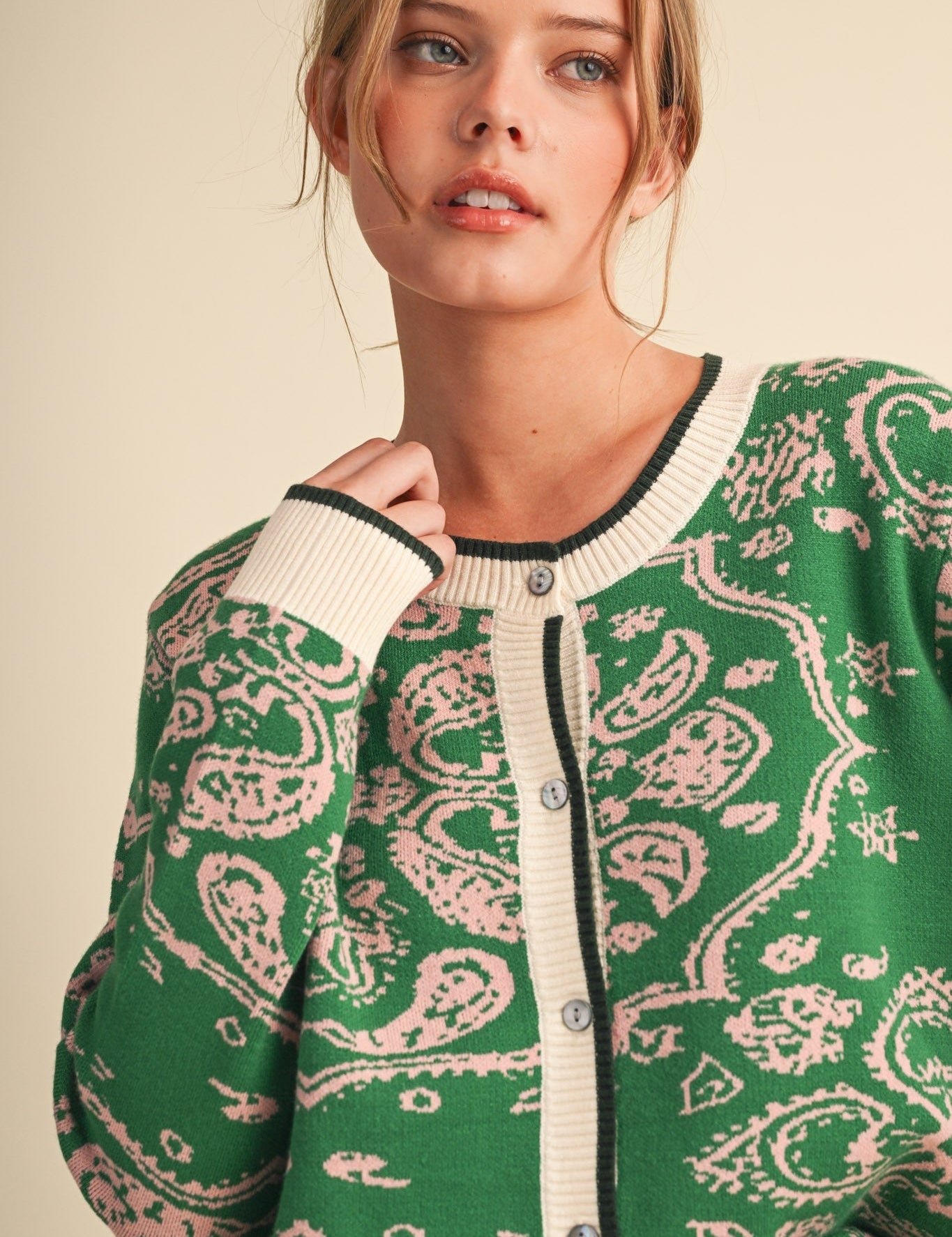 Paisley Portrait Contrast Trim Paisley Cardigan - Westly