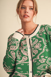 Paisley Portrait Contrast Trim Paisley Cardigan - Westly