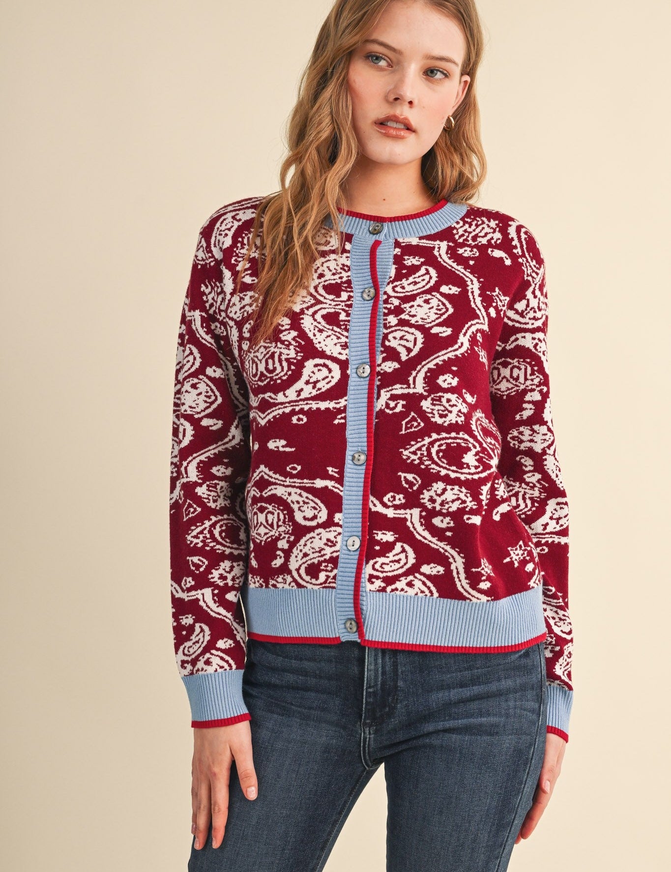 Paisley Portrait Contrast Trim Paisley Cardigan - Westly
