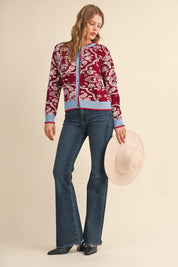 Paisley Portrait Contrast Trim Paisley Cardigan - Westly