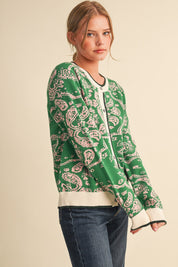 Paisley Portrait Contrast Trim Paisley Cardigan - Westly
