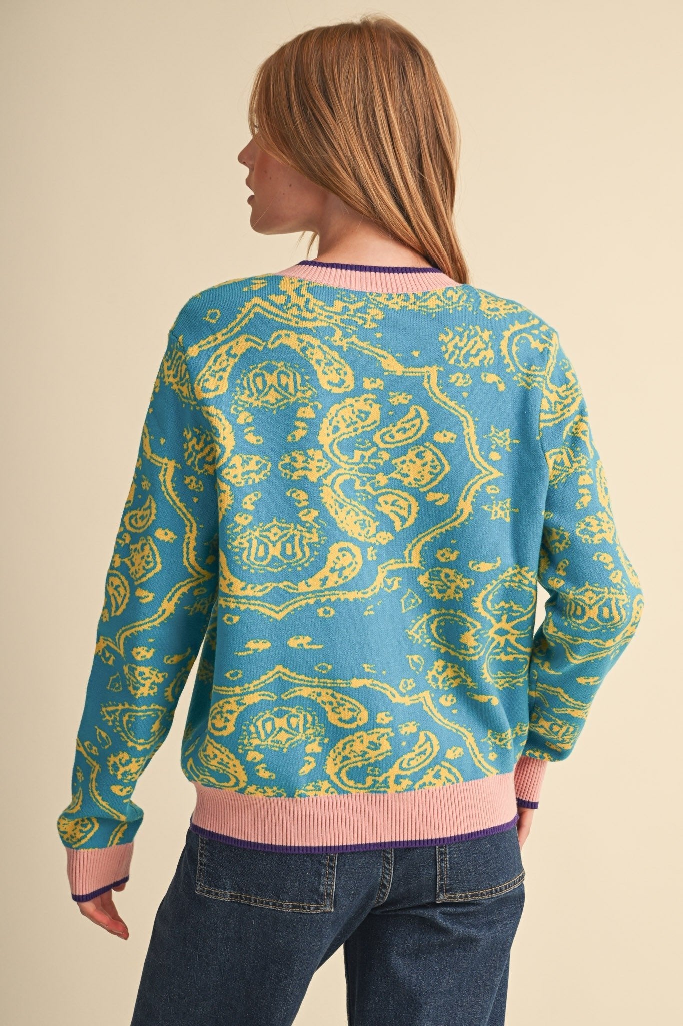 Paisley Portrait Contrast Trim Paisley Cardigan - Westly