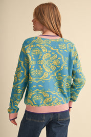 Paisley Portrait Contrast Trim Paisley Cardigan - Westly