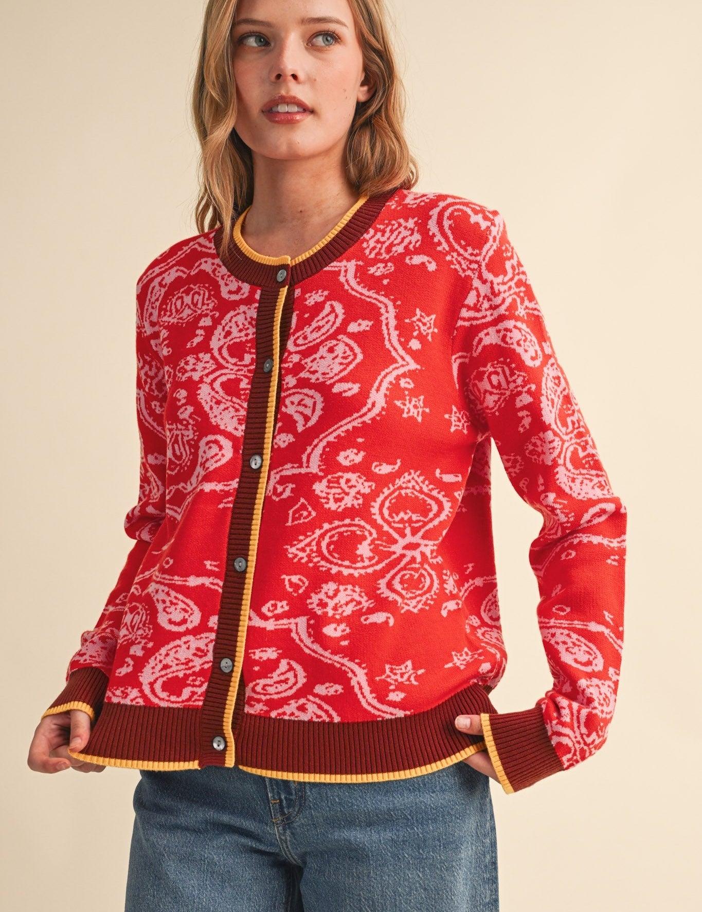 Paisley Portrait Contrast Trim Paisley Cardigan - Westly