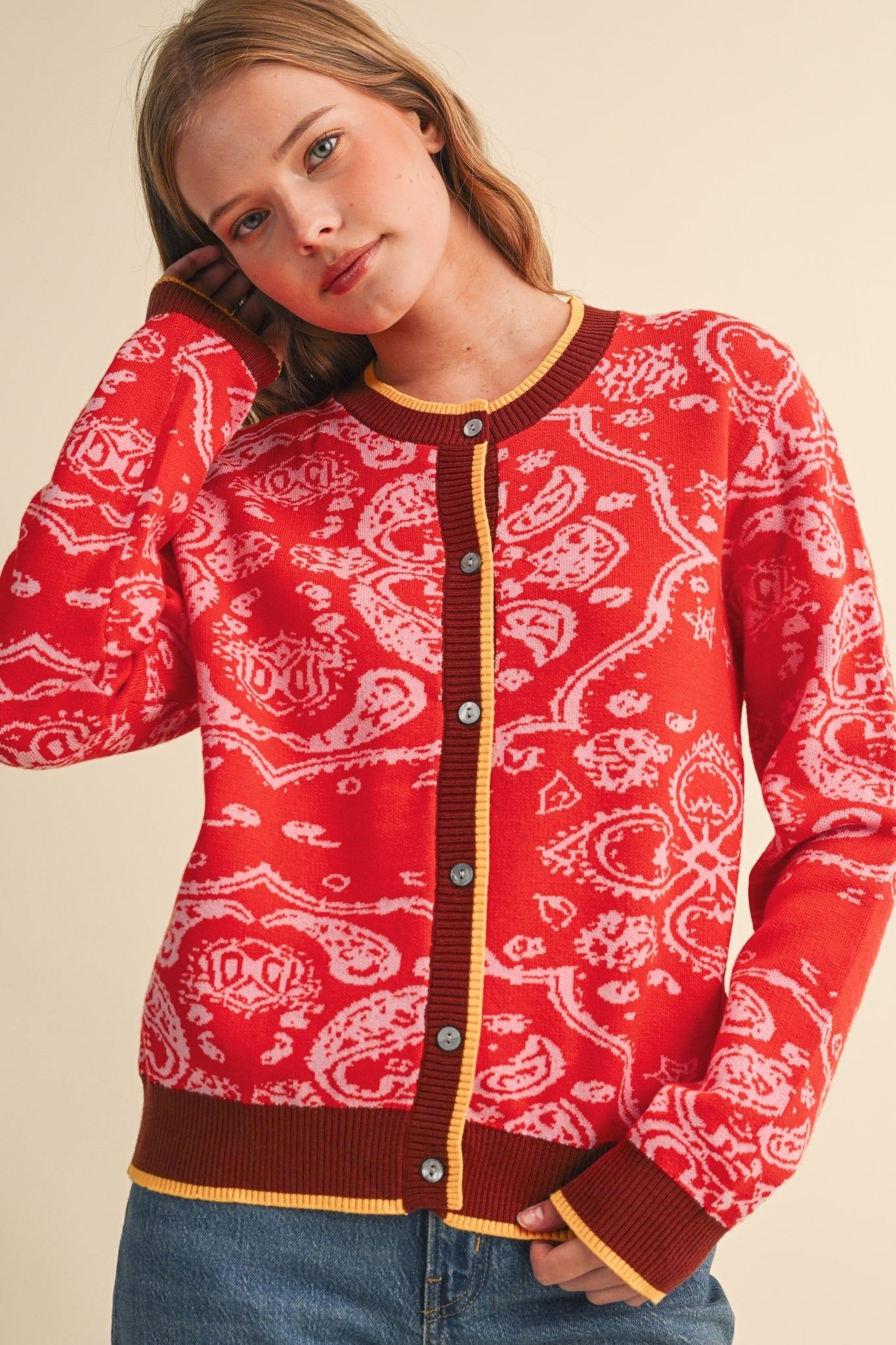 Paisley Portrait Contrast Trim Paisley Cardigan - Westly