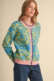 Paisley Portrait Contrast Trim Paisley Cardigan - Westly