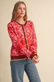 Paisley Portrait Contrast Trim Paisley Cardigan - Westly