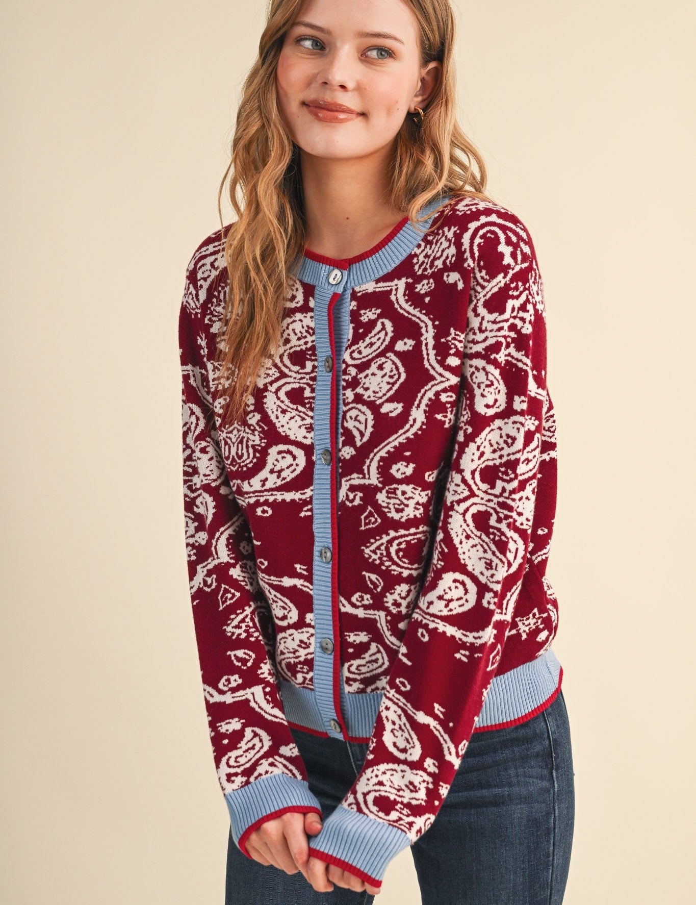 Paisley Portrait Contrast Trim Paisley Cardigan - Westly