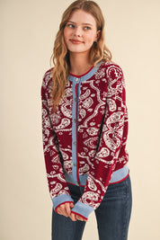 Paisley Portrait Contrast Trim Paisley Cardigan - Westly
