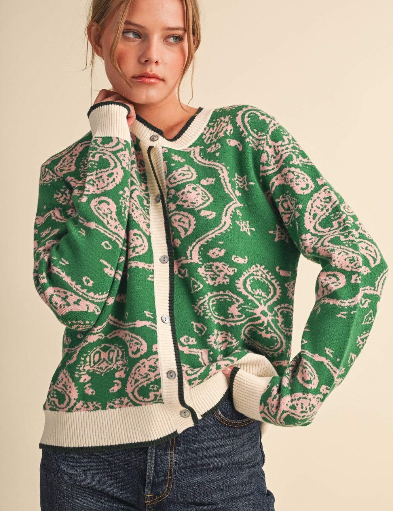 Paisley Portrait Contrast Trim Paisley Cardigan - Westly