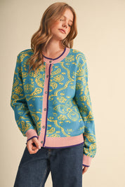Paisley Portrait Contrast Trim Paisley Cardigan - Westly
