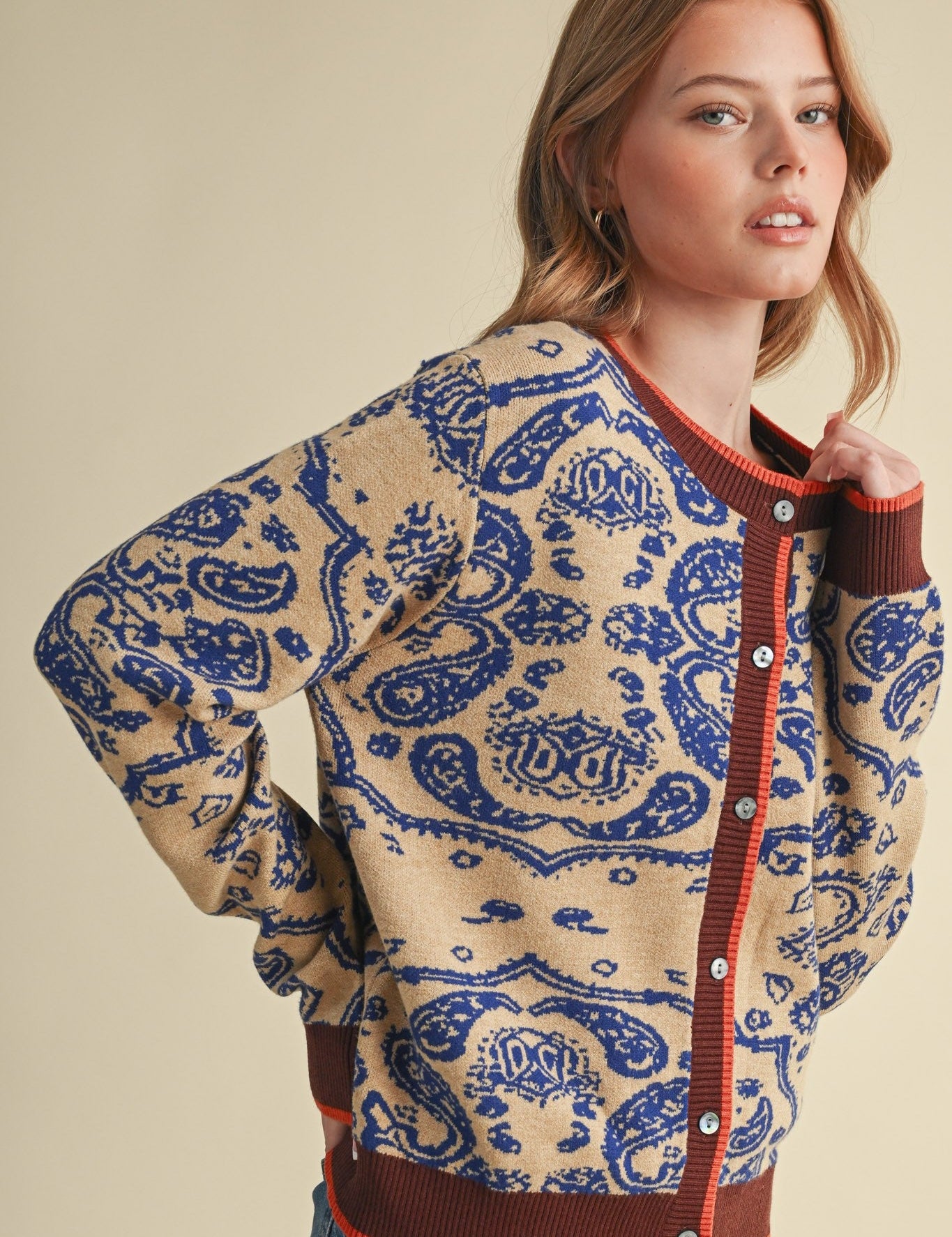 Paisley Portrait Contrast Trim Paisley Cardigan - Westly