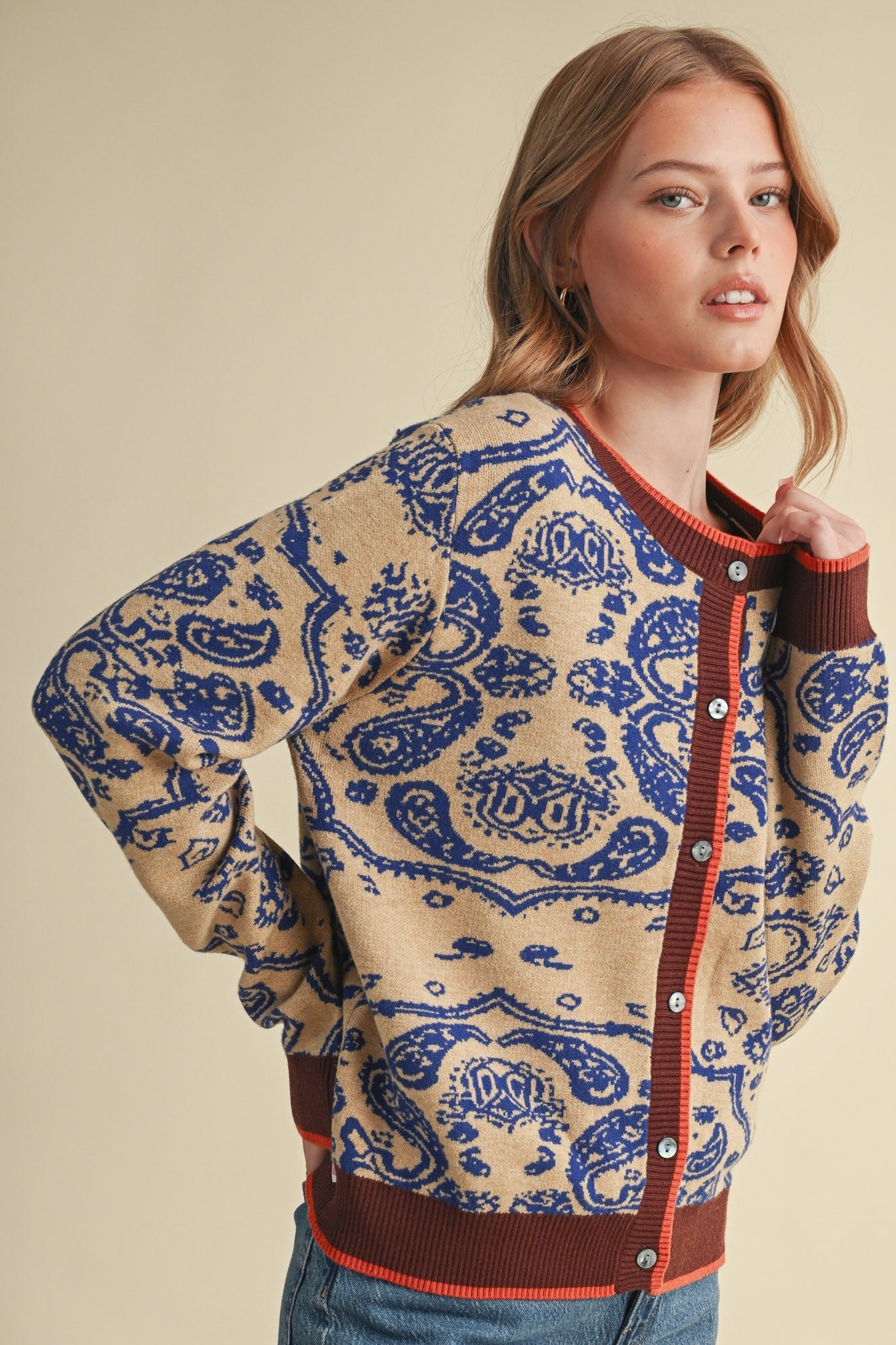 Paisley Portrait Contrast Trim Paisley Cardigan - Westly