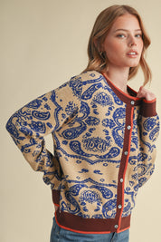 Paisley Portrait Contrast Trim Paisley Cardigan - Westly