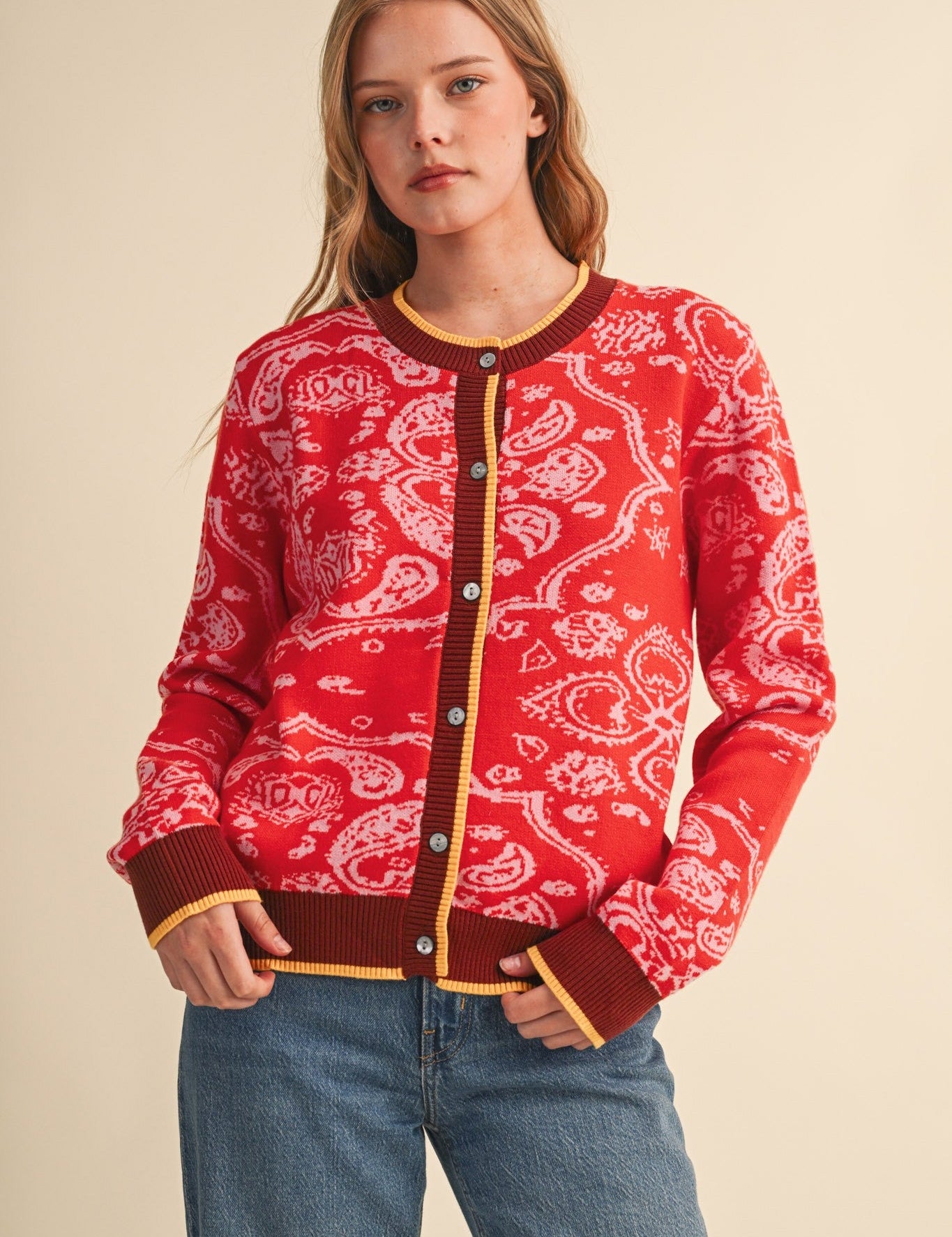 Paisley Portrait Contrast Trim Paisley Cardigan - Westly