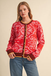 Paisley Portrait Contrast Trim Paisley Cardigan - Westly