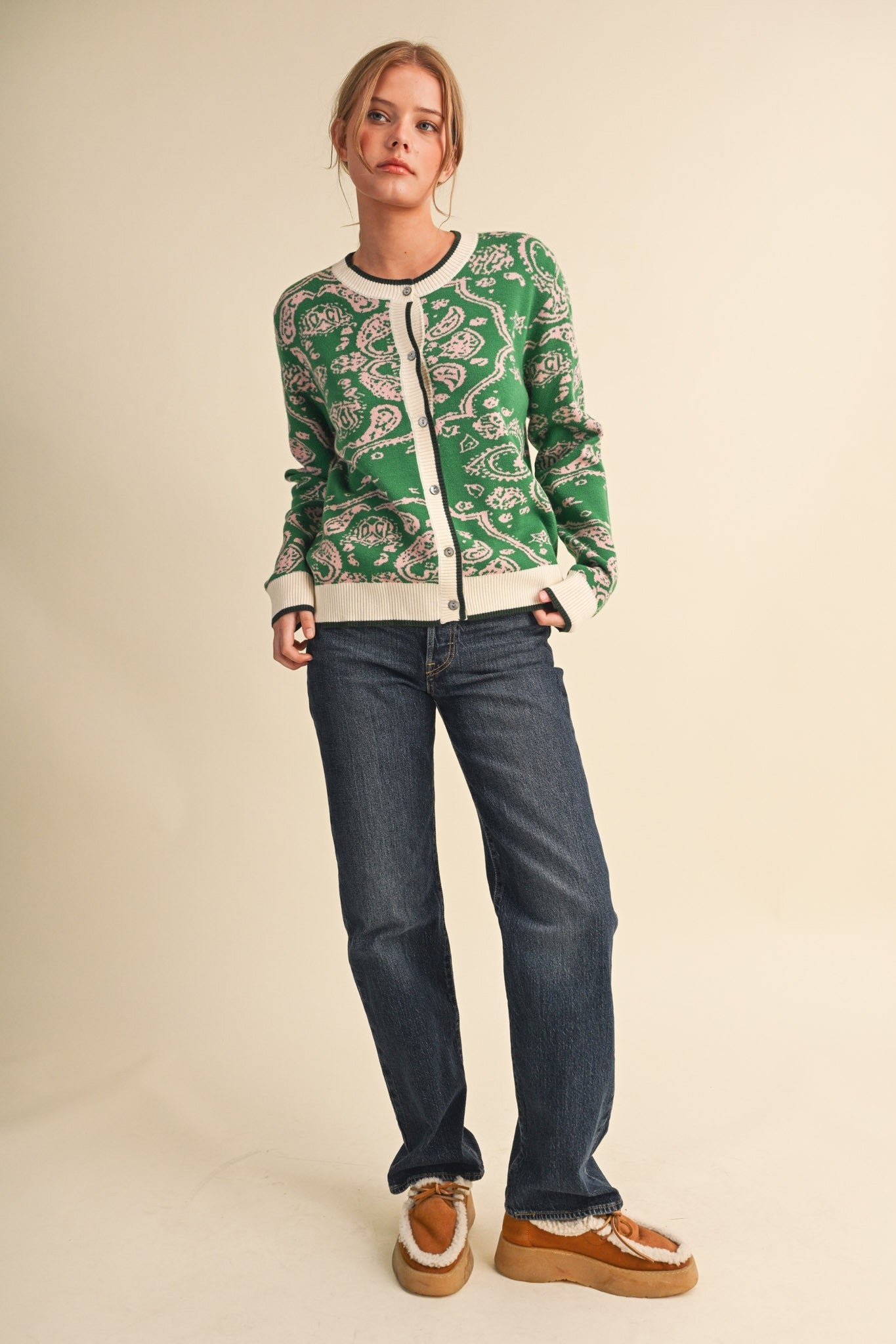 Paisley Portrait Contrast Trim Paisley Cardigan - Westly