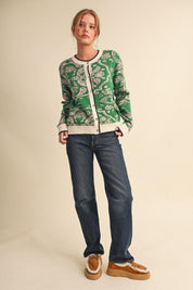 Paisley Portrait Contrast Trim Paisley Cardigan - Westly