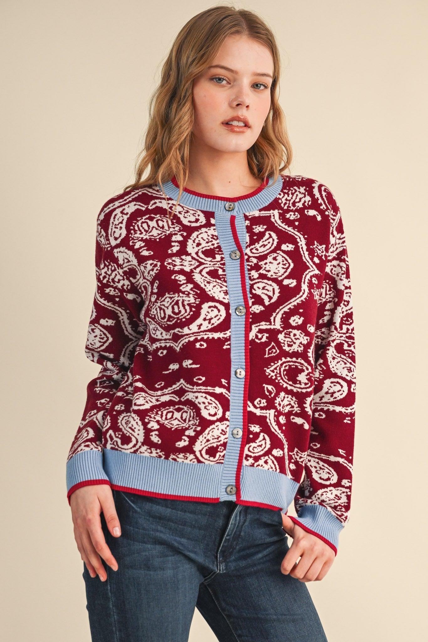 Paisley Portrait Contrast Trim Paisley Cardigan - Westly