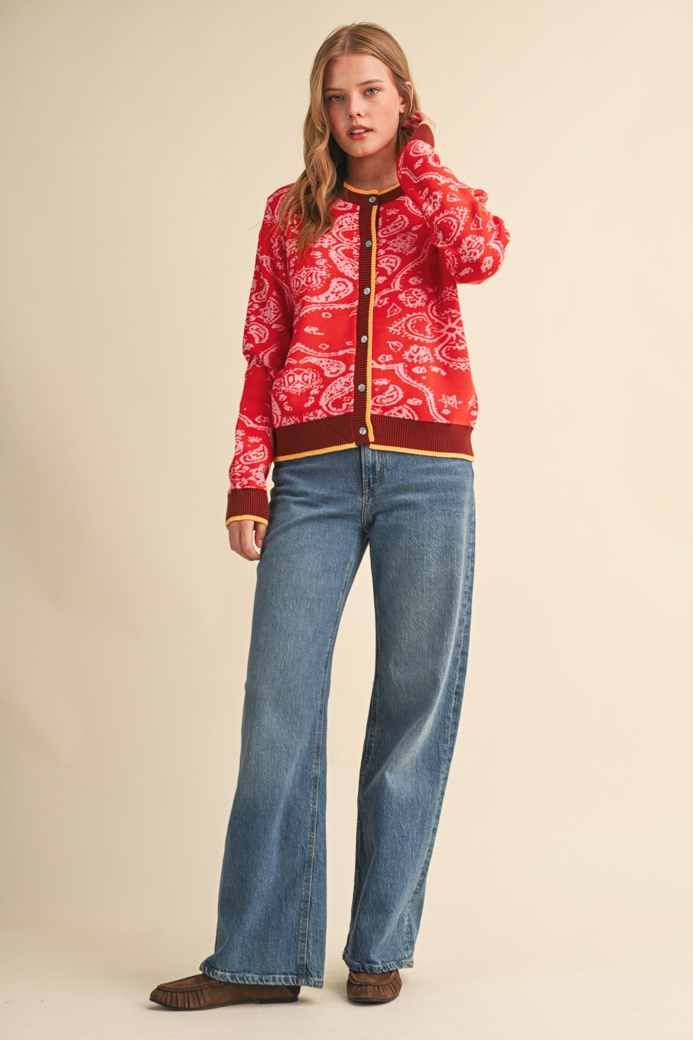 Paisley Portrait Contrast Trim Paisley Cardigan - Westly