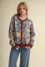 Paisley Portrait Contrast Trim Paisley Cardigan in Brandy Blue, photo 2