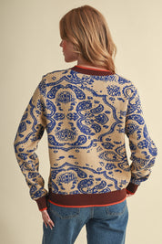 Paisley Portrait Contrast Trim Paisley Cardigan in Brandy Blue, photo 6