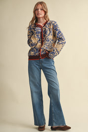 Paisley Portrait Contrast Trim Paisley Cardigan in Brandy Blue, photo 7