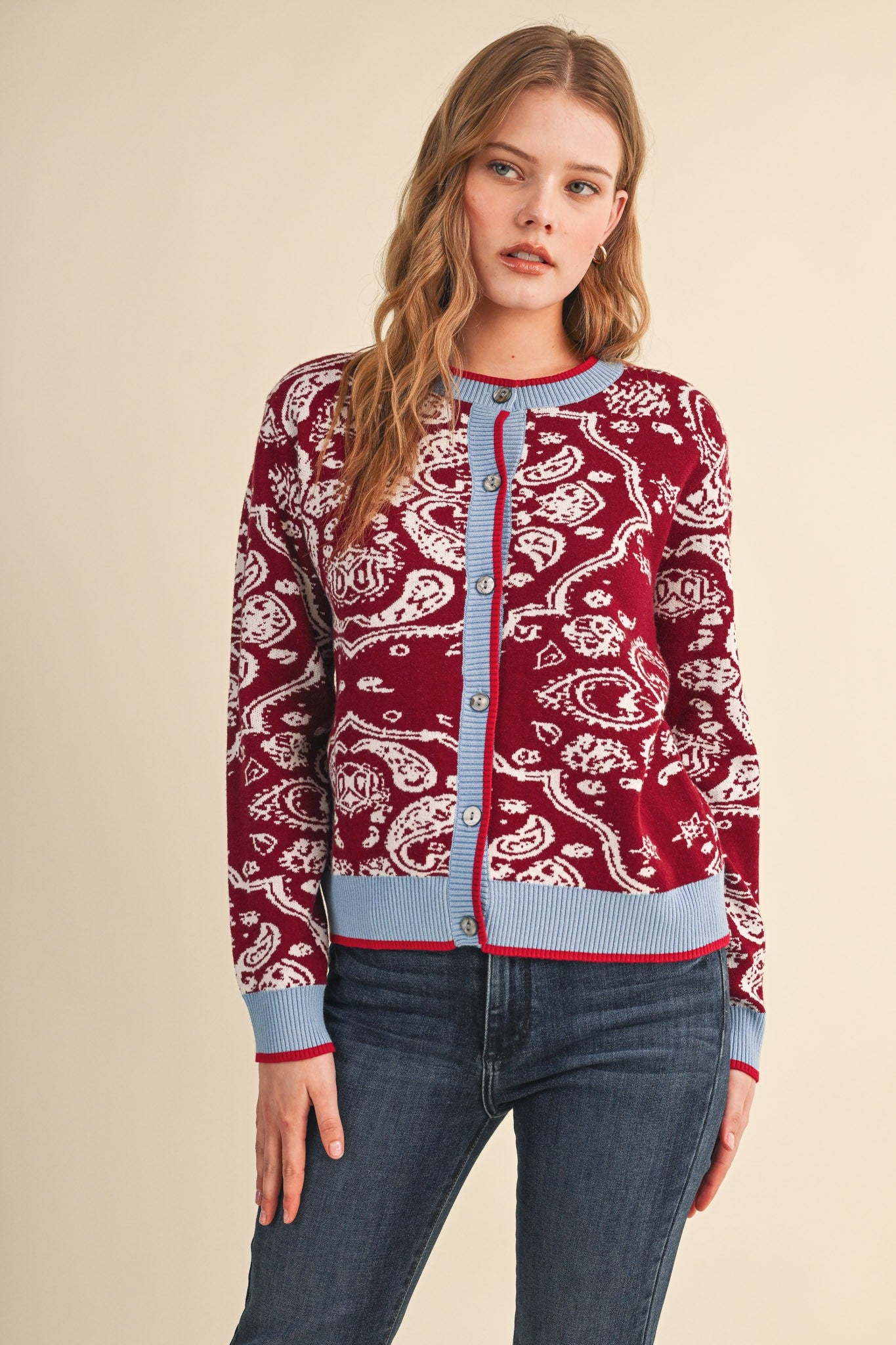Paisley Portrait Contrast Trim Paisley Cardigan in Burgundy Blue, photo 2