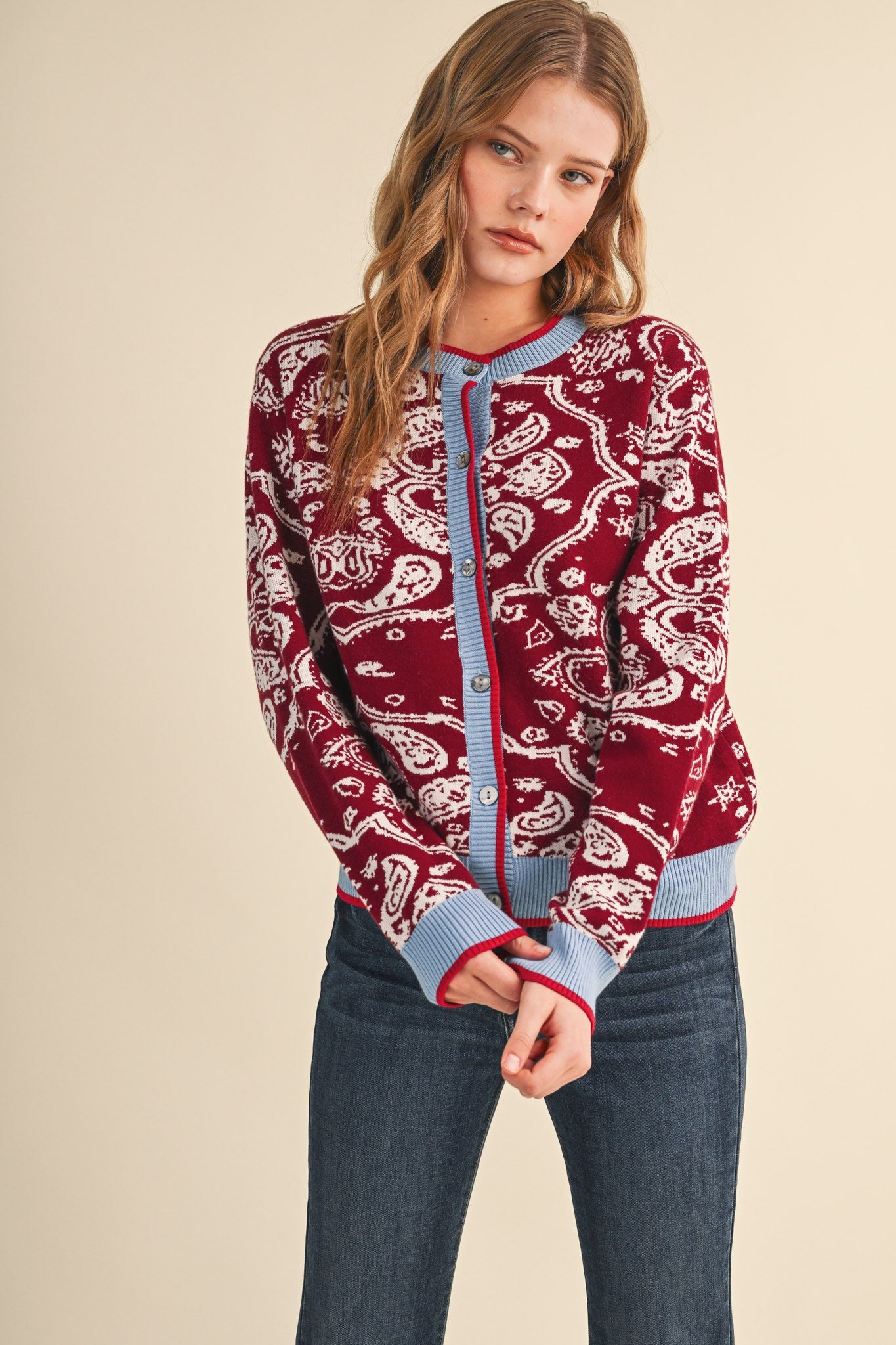 Paisley Portrait Contrast Trim Paisley Cardigan in Burgundy Blue, photo 3