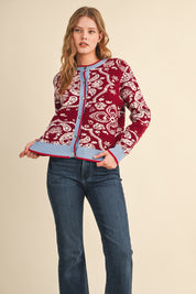 Paisley Portrait Contrast Trim Paisley Cardigan in Burgundy Blue, photo 6