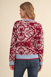 Paisley Portrait Contrast Trim Paisley Cardigan in Burgundy Blue, photo 9