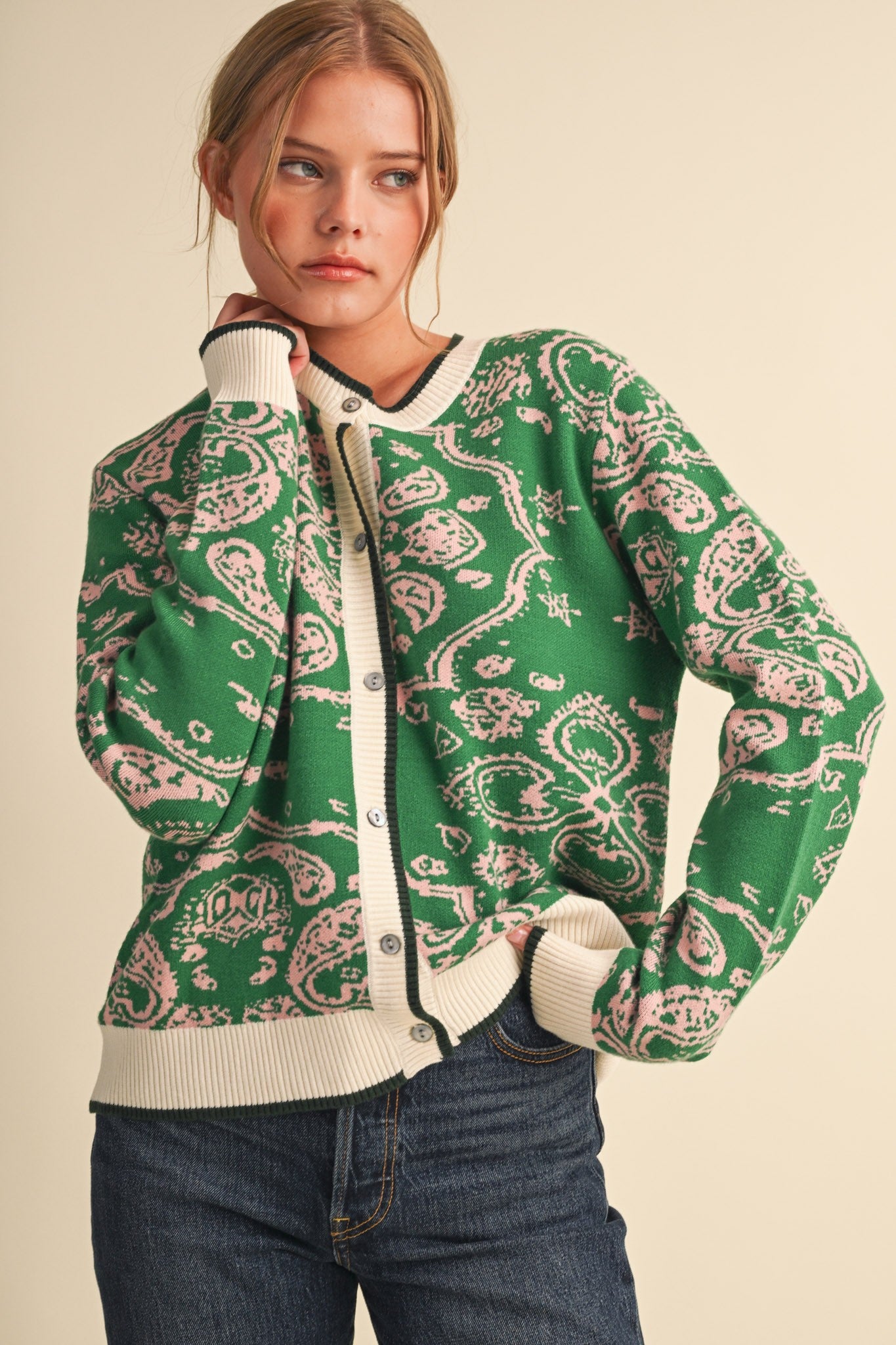 Paisley Portrait Contrast Trim Paisley Cardigan in Green Rose, photo 1