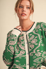 Paisley Portrait Contrast Trim Paisley Cardigan in Green Rose, photo 2