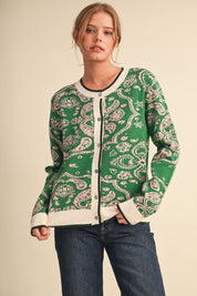 Paisley Portrait Contrast Trim Paisley Cardigan in Green Rose, photo 3