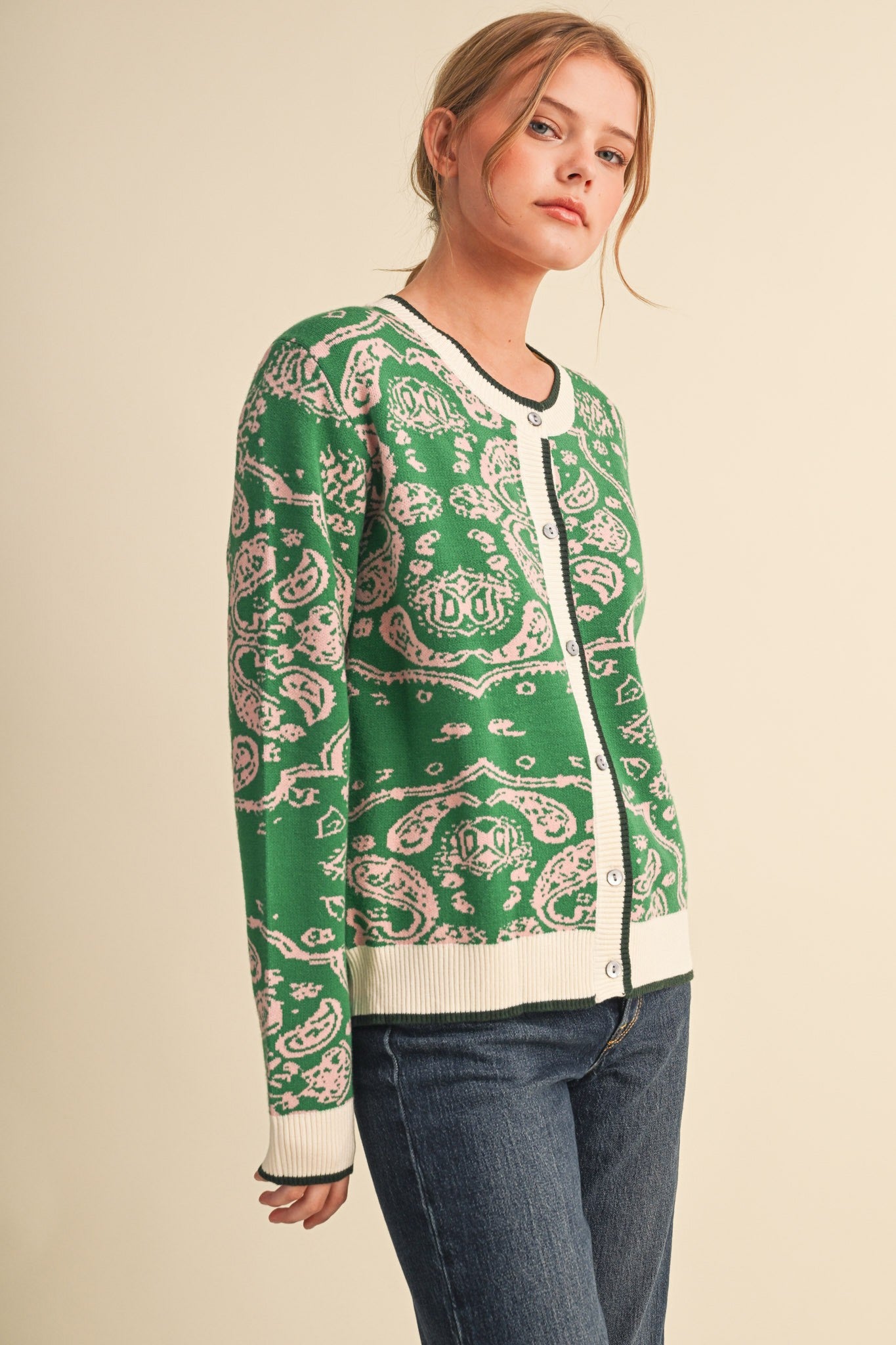 Paisley Portrait Contrast Trim Paisley Cardigan in Green Rose, photo 4