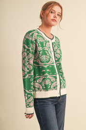 Paisley Portrait Contrast Trim Paisley Cardigan in Green Rose, photo 4