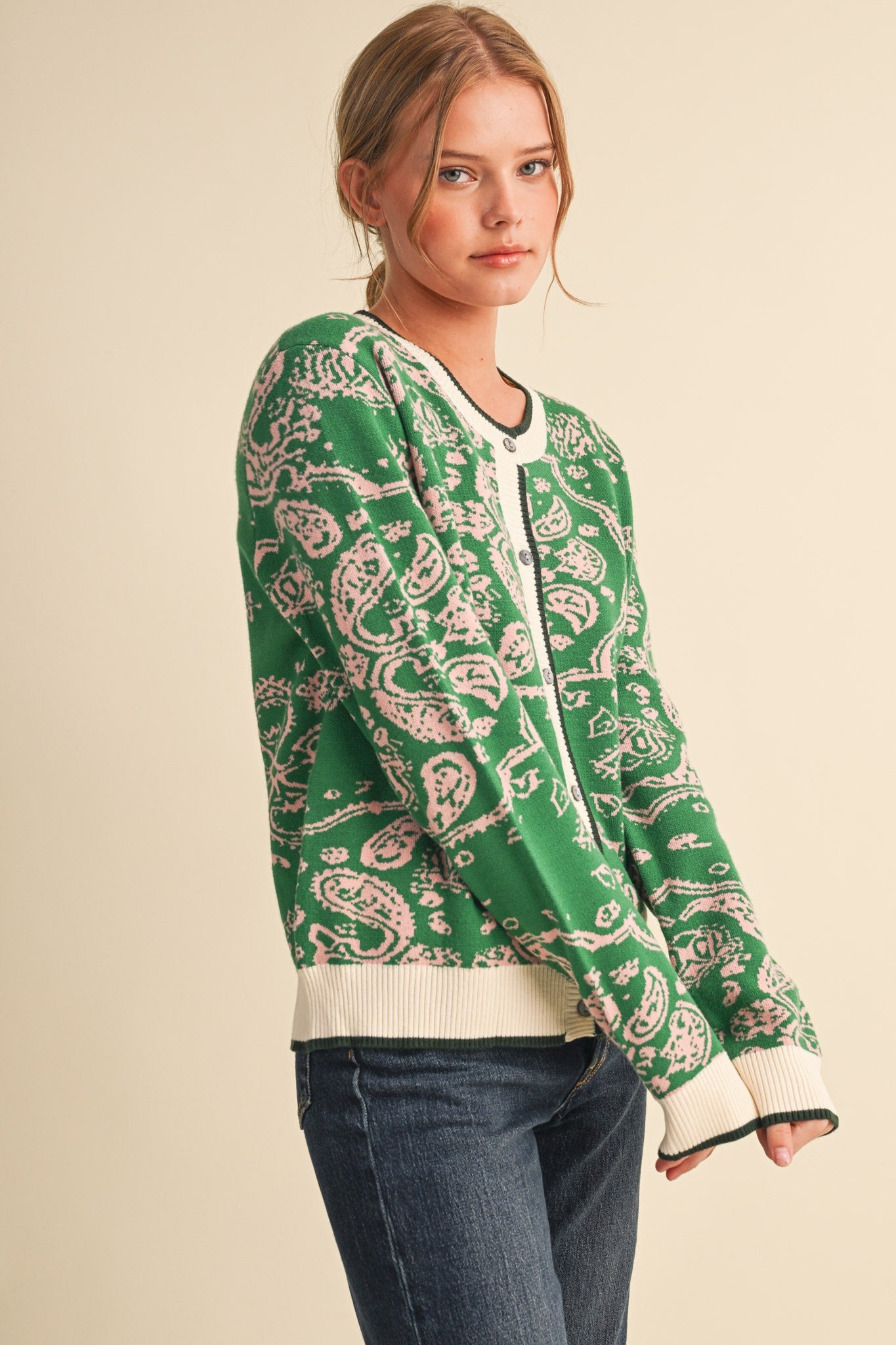 Paisley Portrait Contrast Trim Paisley Cardigan in Green Rose, photo 6